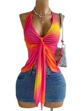 Tie-Front Ombre Halter Camisole in Pink & Orange